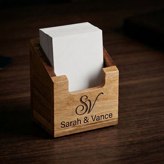 Personalized Business Card Holder Acacia Wood Vertical Desk Stand Corporate Gift Custom Engraved