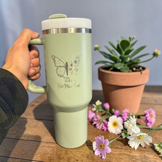 Mama personalized 40oz tumbler with handle and straw in a vibrant finish with custom name engraving for a new mom gift.