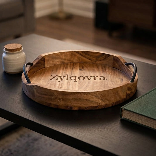 Personalized Acacia Wood Serving Tray Round with Handles Housewarming Gift Custom Engraved