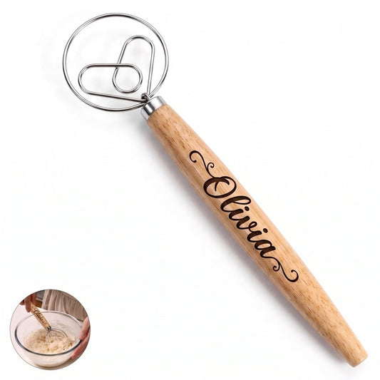 Personalized Danish Dough Whisk Wooden Handle Bread Mixing Tool Gift for Baker Custom Engraved - Us Engravo