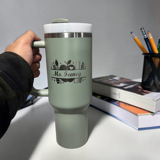 Stanley 40oz tumbler with personalized engraving, stainless steel cup with handle and straw, teacher appreciation gift.