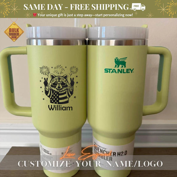 Stanley 40oz Tumbler with Patriotic Highland Cow – Custom Name Fourth of July Cup – Personalized Country Western Gift