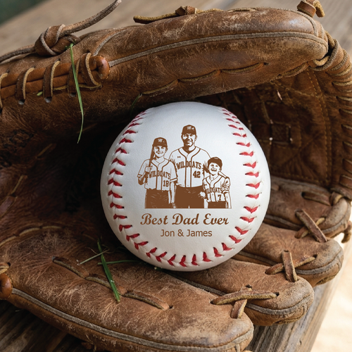 A personalized baseball resting in a brown leather baseball glove. The white baseball features red stitching and a brown engraved design showing three baseball players with the text 'Best Dad Ever' and 'Jon & James'.