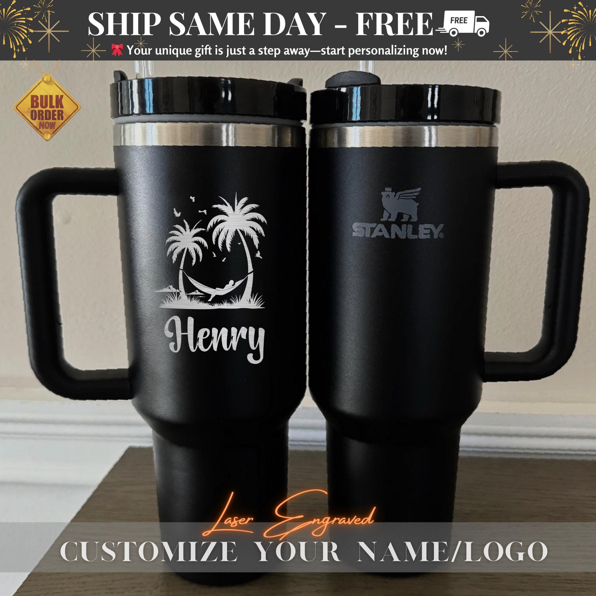 Personalized Stanley Quencher 40oz Tumbler - Laser Engraved Beach Vacation Cup - Summer Wedding & Bachelorette Party Gift Bulk