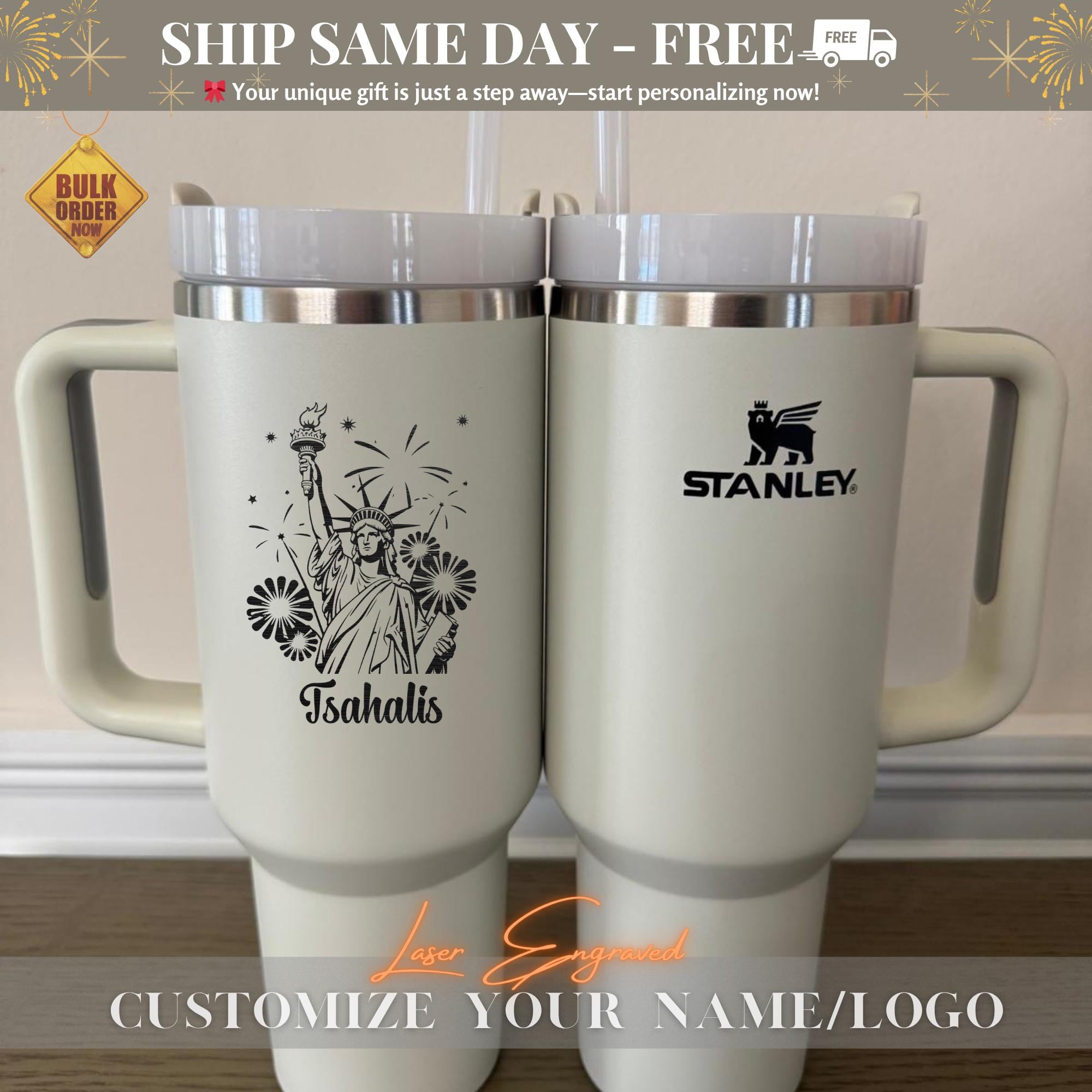 Personalized 40oz Engraved Statue of Liberty Tumbler – Patriotic Stanley Travel Cup – 4th of July Gift – USA Independence Day