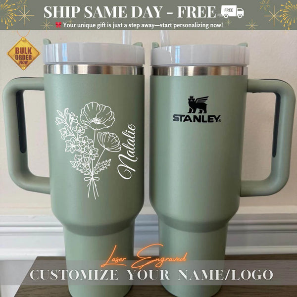 Custom Stanley 40oz Tumbler Gift With Birth Flowers - Personalized Engraved Cup for Birthday, Anniversary - Unique Gift for Her, Him, Friend