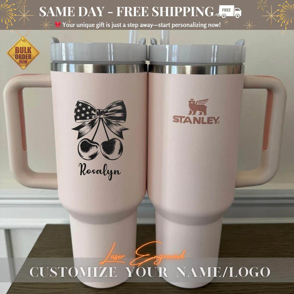 Custom Stanley 40oz Tumbler – Cherry Bow & USA Flag Design | Patriotic Travel Cup | 4th of July Personalized Gift | Independence Day