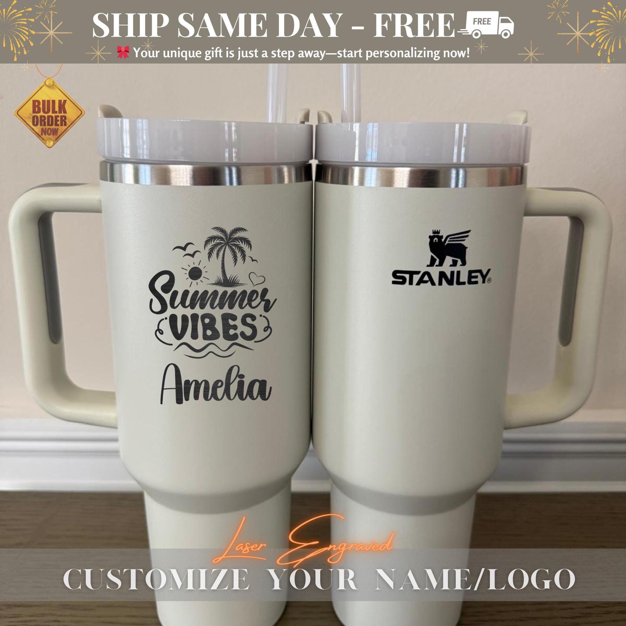 Personalized Stanley 40oz Holiday Tumbler - Summer Laser Engraved Cup, Beach Party Gift, Girls trip gifts, Girls Weekend, Summer Party Gift