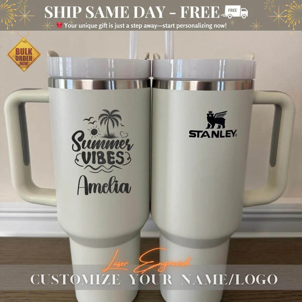 Personalized Stanley 40oz Holiday Tumbler - Summer Laser Engraved Cup, Beach Party Gift, Girls trip gifts, Girls Weekend, Summer Party Gift