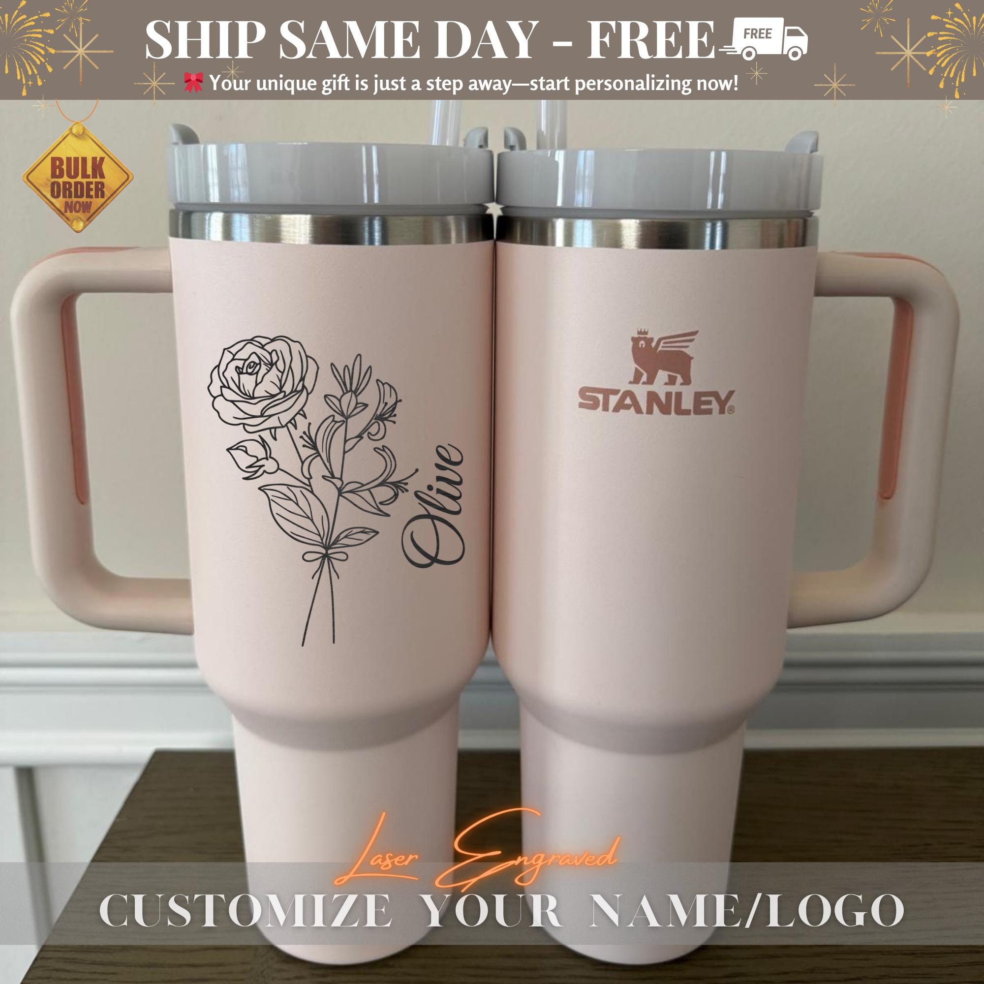 Personalized Stanley 40oz Tumbler Cup, Custom Engraved Tumblers, Bridesmaid Proposal Gift, Gifts for Her, Insulated Travel Mug, Custom Logo