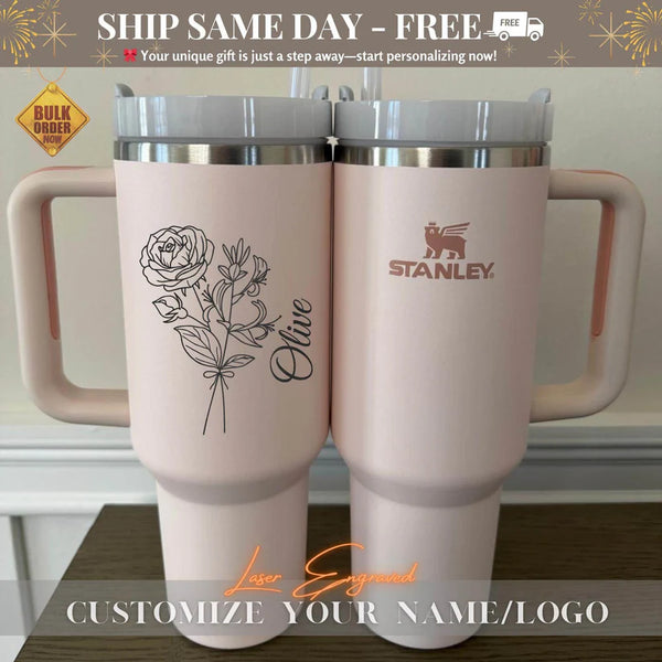 Personalized Stanley 40oz Tumbler Cup, Custom Engraved Tumblers, Bridesmaid Proposal Gift, Gifts for Her, Insulated Travel Mug, Custom Logo