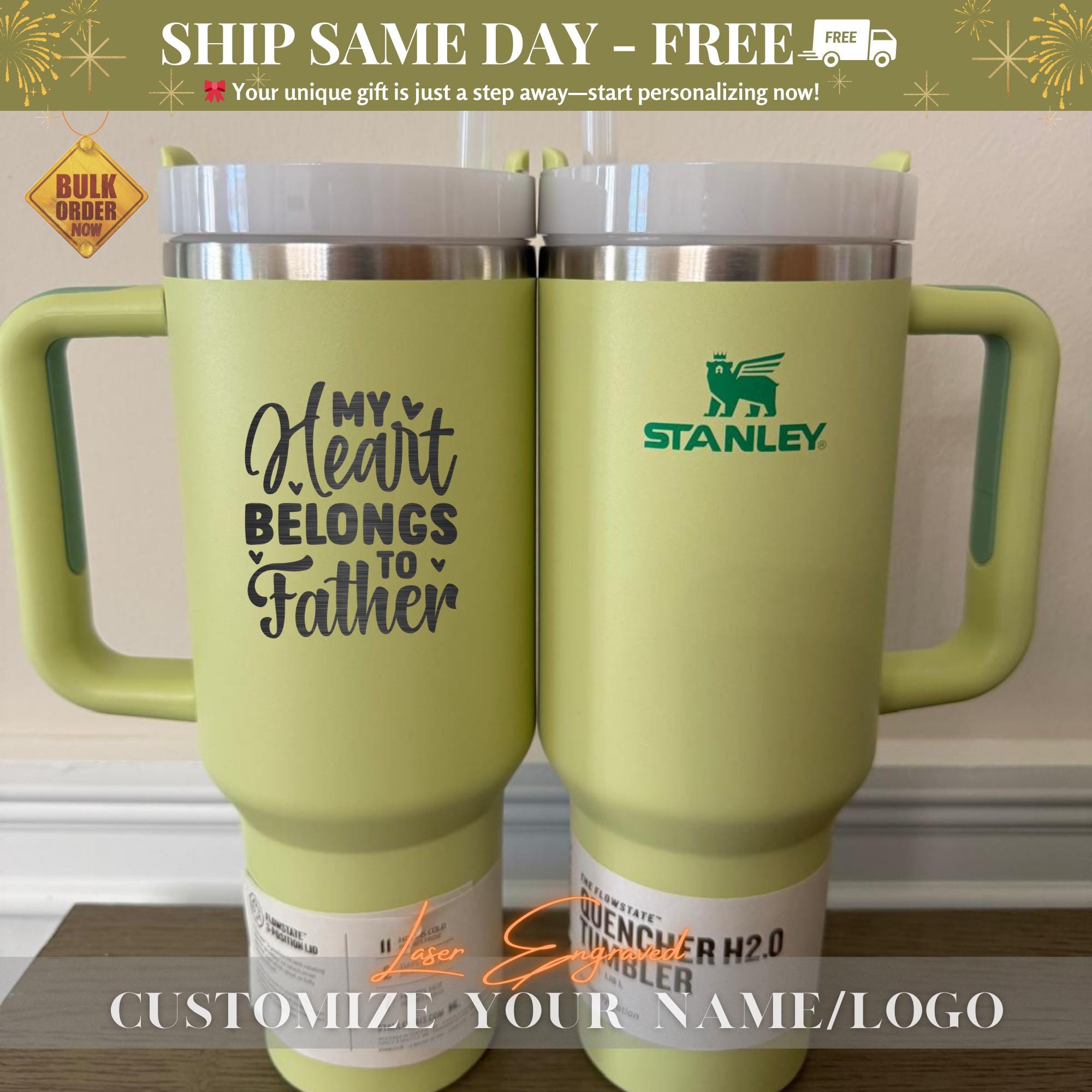 Personalized Stanley 40oz Tumbler - 'My Heart Belongs to Father' Custom Engraved 2025 Gift for Dad, Father's Day, Birthday, or Anniversary