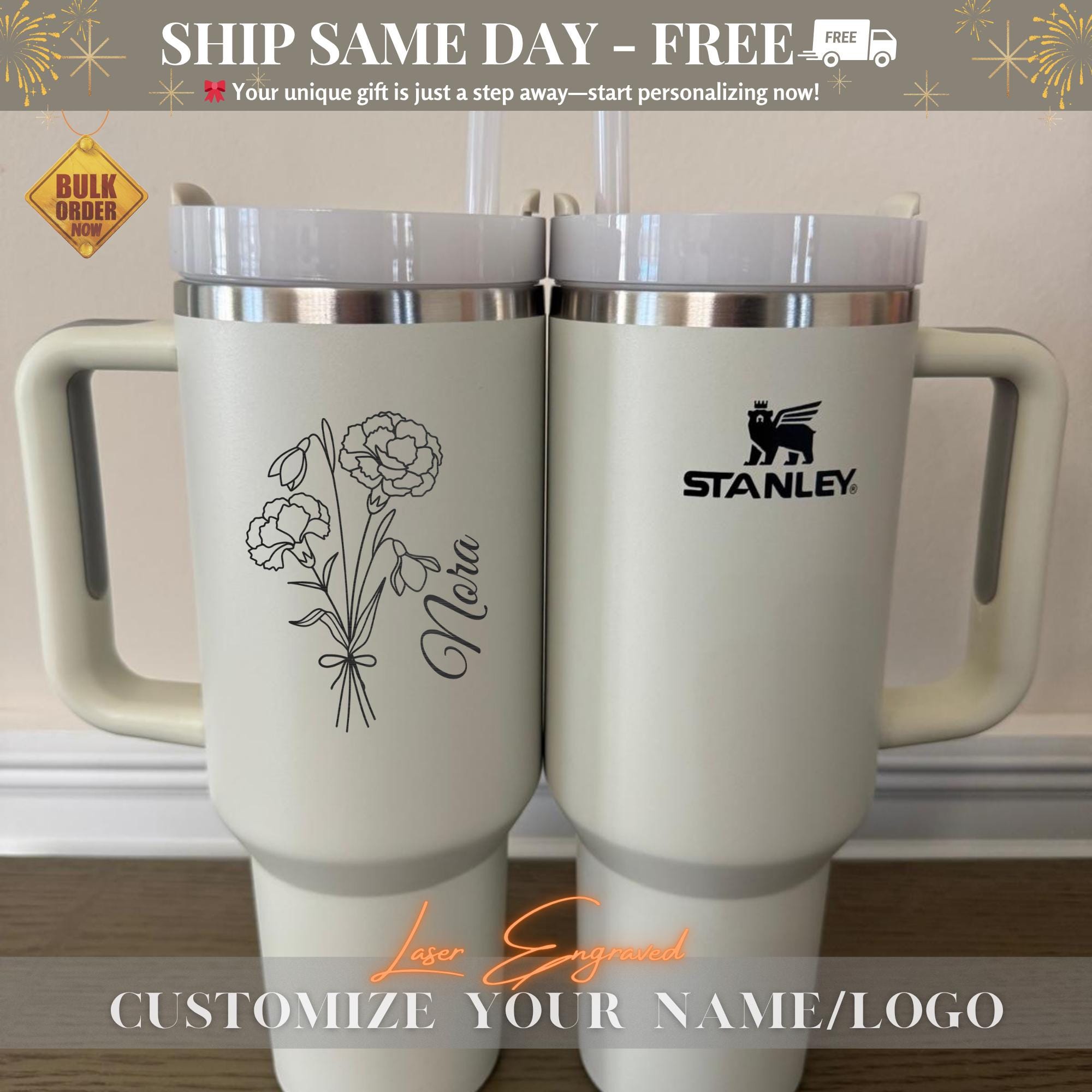 Personalized Stanley Quencher Engraved with Birth Flower Month and Custom Logo Tumbler, Gifts for Her  40oz Quencher for Bride party