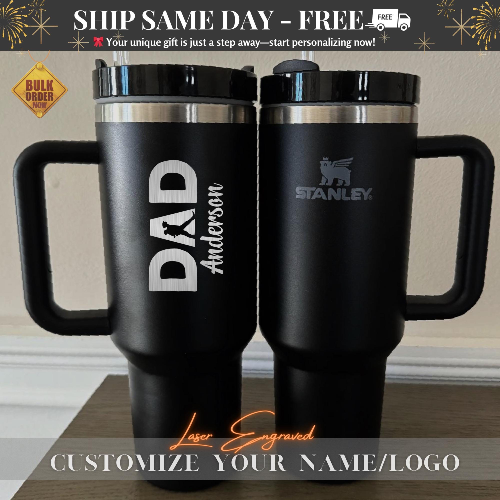 Personalized Stanley 40oz Tumbler for Dad - Laser Engraved Dad Stanley Cup - Custom Dad 40oz Tumblers  with name - Gift For daddy and Mommy