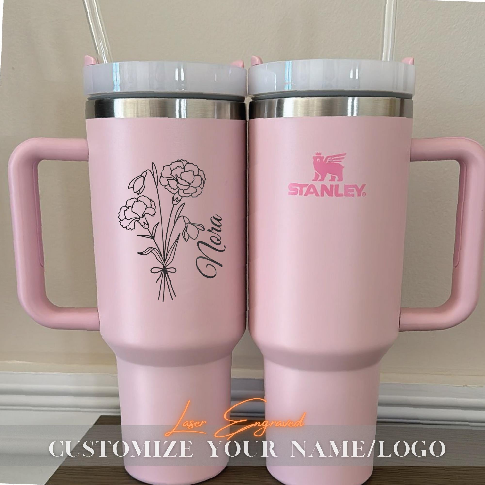 Personalized Stanley Quencher Engraved with Birth Flower Month and Custom Logo Tumbler, Gifts for Her  40oz Quencher for Bride party