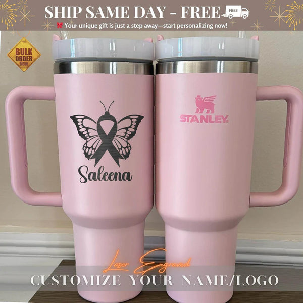 Personalized Stanley 40oz Tumbler Cup - World Cancer Day Custom Name Tumbler - Insulated Travel Mug - Motivational Gift for Cancer Survivors