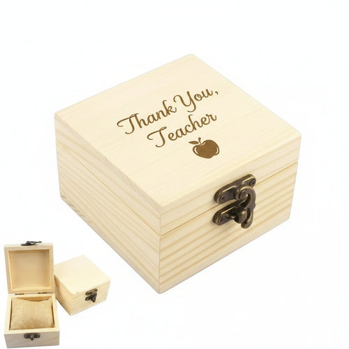 A light natural wood presentation box with an open lid showing a burlap fabric insert cushion, alongside a closed view of the same wooden box with an antique metal clasp on a white background.