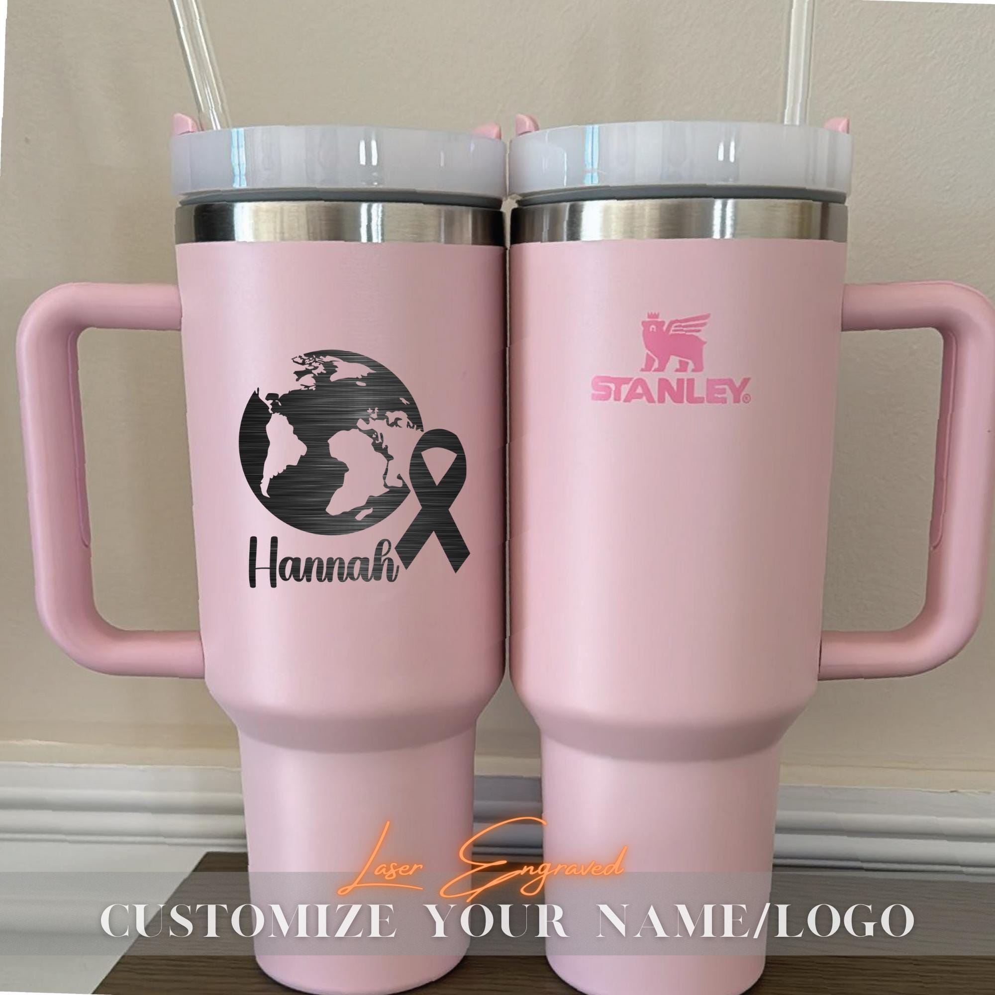 World Cancer Day Personalized 40oz Stanley Tumbler - Custom Name Cup, Motivational Gift, Cancer Awareness, Pink Ribbon Design Tumbler Gifts