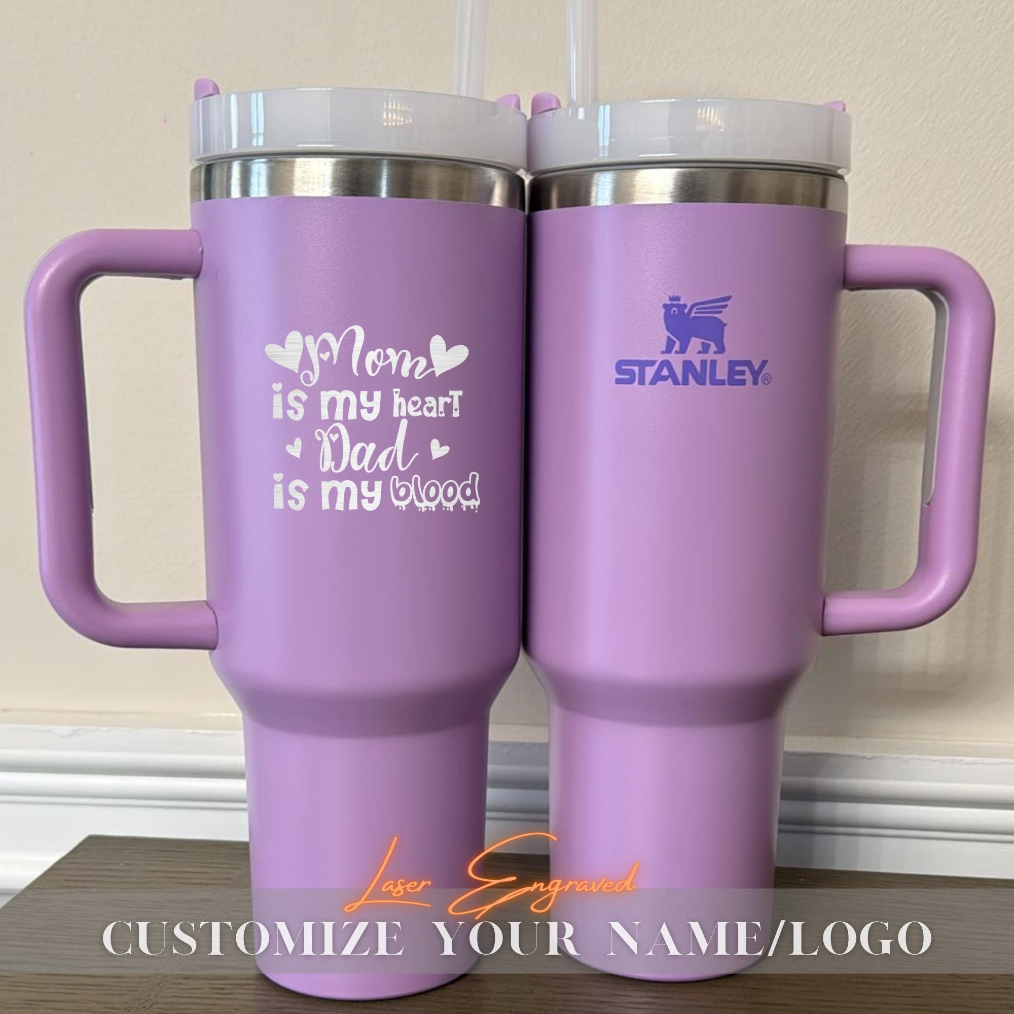 Personalized Stanley 40oz Tumbler for Mom & Dad - Mom is My Heart, Dad is My Blood - Custom Engraved Gift for Parents - Trendy 2025 Tumblers