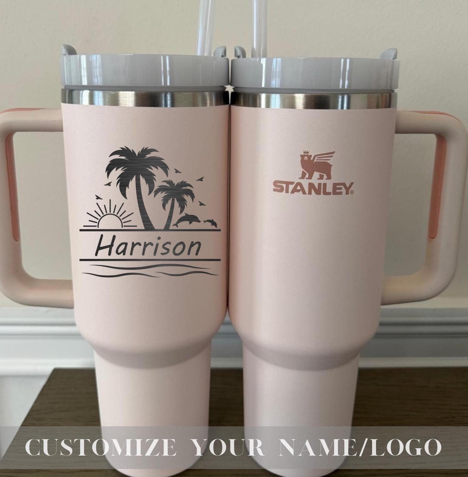 BEACH TUMBLE, PALM Tree Tumbler, Stylish Travel Mug, Personalized Beach Tumbler with Straw, Custom Engraved Travel Mug for Girls