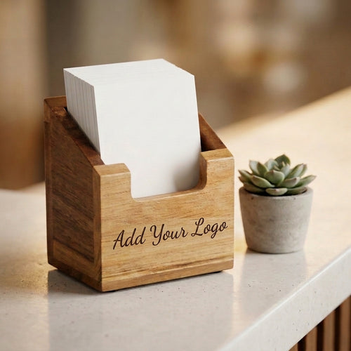 Personalized Business Card Holder Acacia Wood Vertical Desk Stand Corporate Gift Custom Engraved