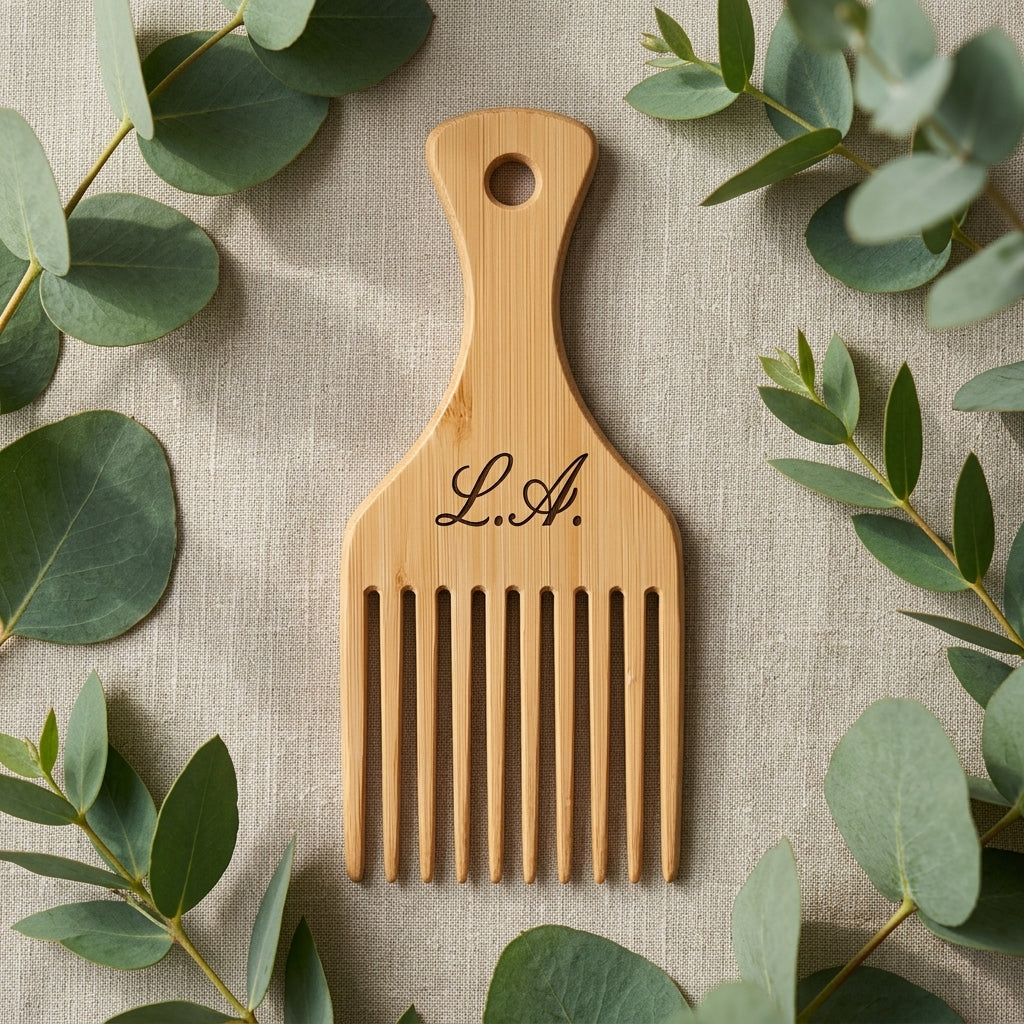 Personalized Afro Pick Bamboo Detangling Comb Gift for Him Custom Engraved