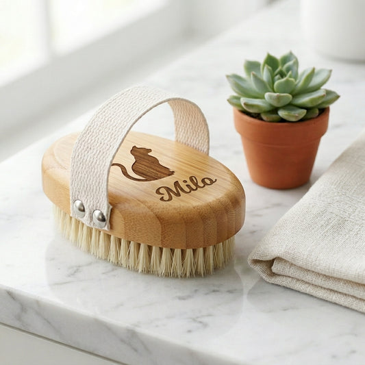 Personalized Cat Grooming Brush Bamboo Boar Bristle Gift for Cat Lovers Custom Engraved