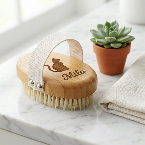 Personalized Cat Grooming Brush Bamboo Boar Bristle Gift for Cat Lovers Custom Engraved
