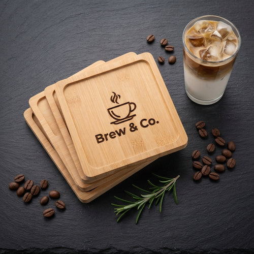 Personalized Bamboo Coaster Set of 4 Square Wood Drink Coasters Housewarming Gift Custom Engraved