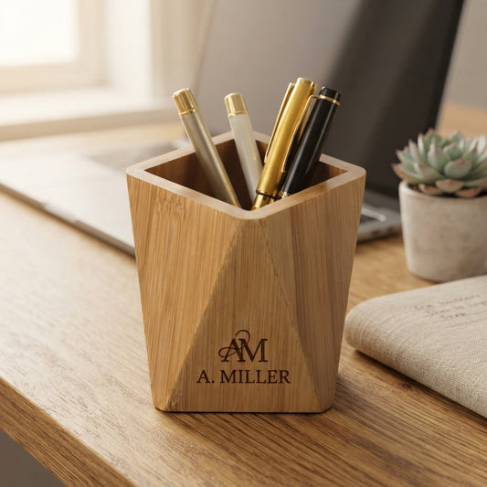 Personalized Bamboo Pen Holder Desk Organizer Coworker Gift Custom Engraved