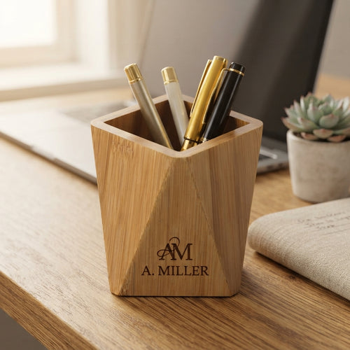 Personalized Bamboo Pen Holder Desk Organizer Coworker Gift Custom Engraved