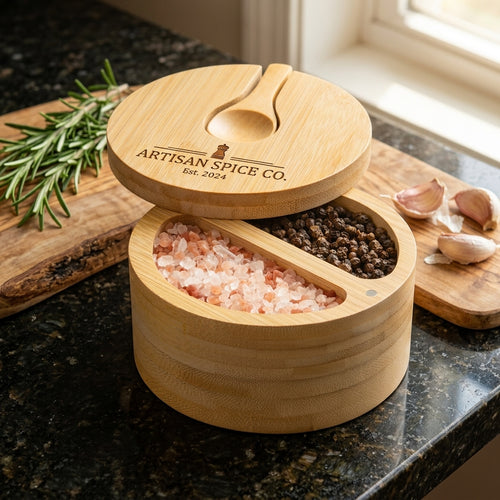 Personalized Salt Cellar Bamboo Salt Box with Swivel Lid and Spoon Gift for Home Cooks Custom Engraved