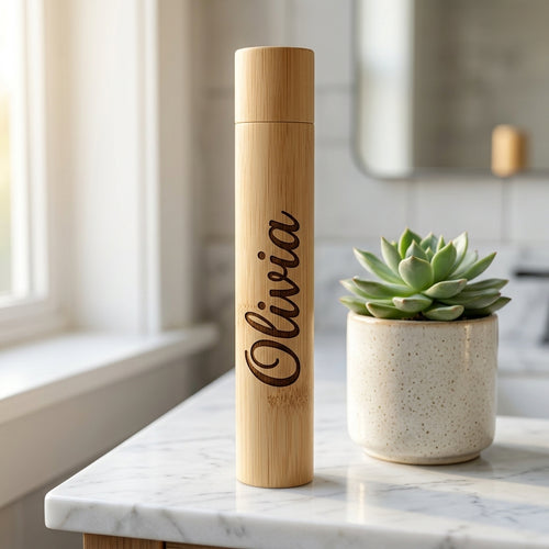 Personalized Bamboo Toothbrush Travel Case Portable Holder Housewarming Gift Custom Engraved
