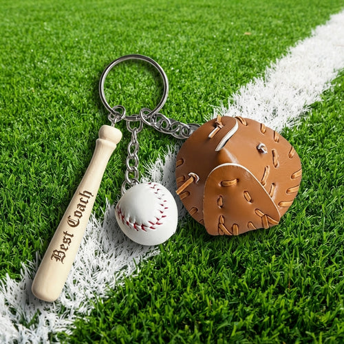 Personalized Baseball Keychain Wooden Bat Glove and Ball Charm Gift for Coach Custom Engraved