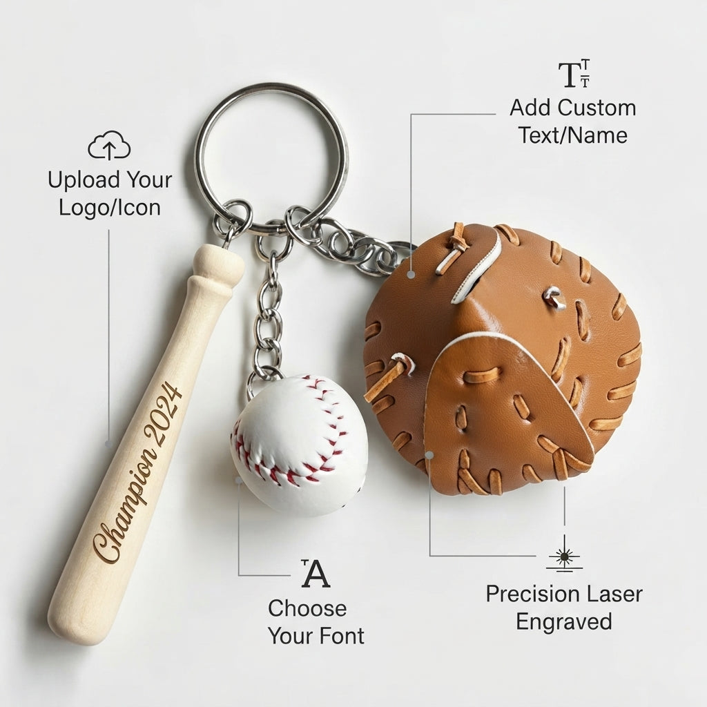 Personalized Baseball Keychain Wooden Bat Glove and Ball Charm Gift for Coach Custom Engraved