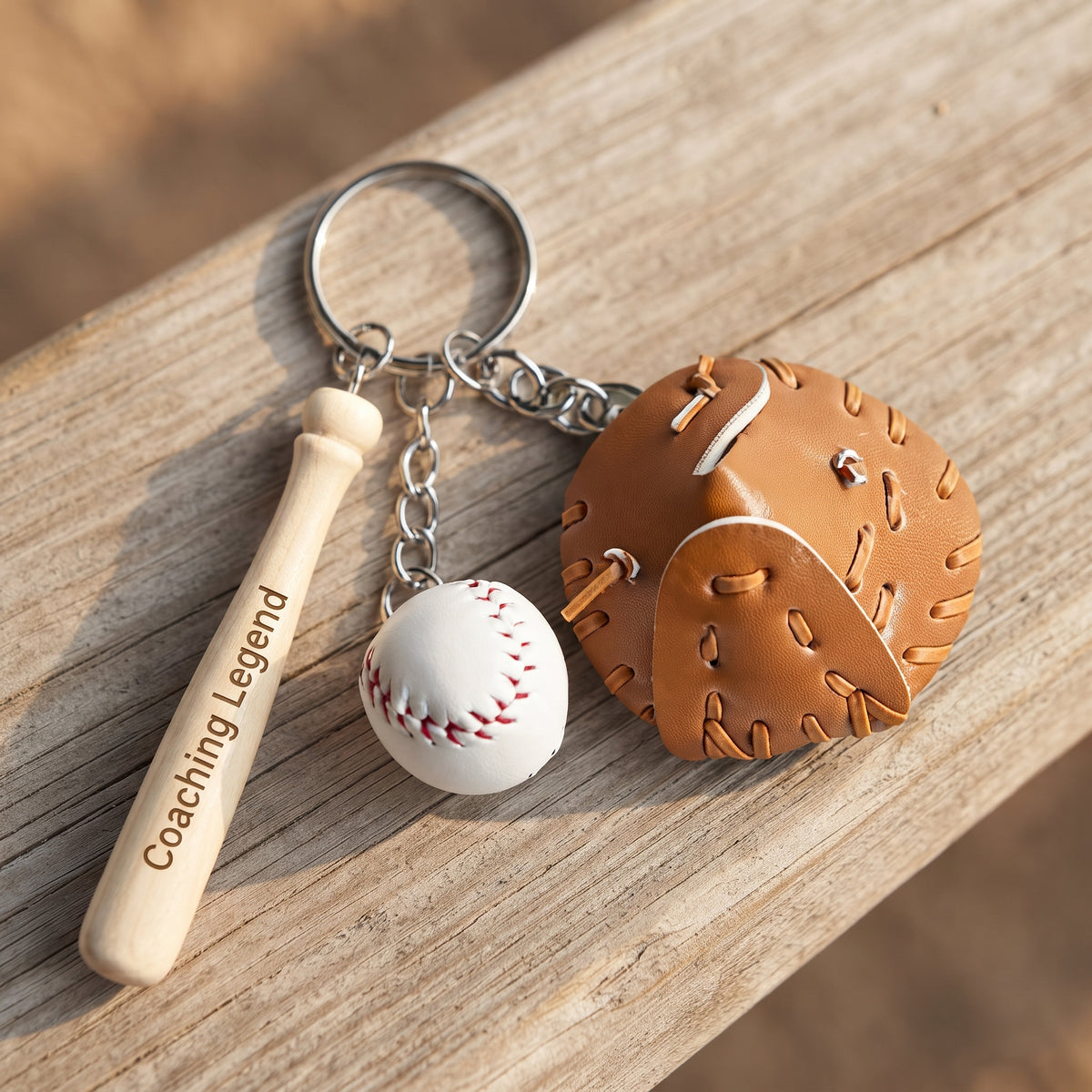 Personalized Baseball Keychain Wooden Bat Glove and Ball Charm Gift for Coach Custom Engraved