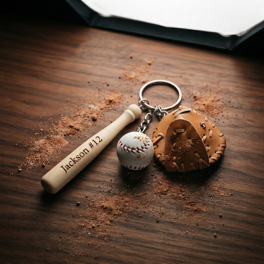 Personalized Baseball Keychain Wooden Bat Glove and Ball Charm Gift for Coach Custom Engraved