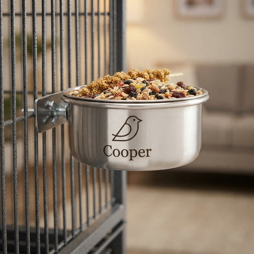 Personalized Coop Cup Stainless Steel Cage Bowl with Clamp Holder for Birds and Small Pets Custom Engraved