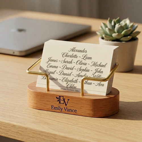 Personalized Business Card Holder Wood and Brass Desk Stand Corporate Gift Custom Engraved