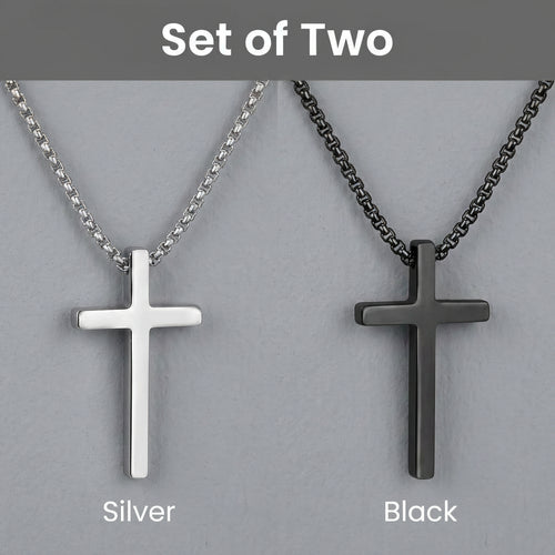 Two cross pendant necklaces shown on a gray background with the text 'Choose your color' at the top. The left necklace is silver with a silver chain and labeled 'Silver.
