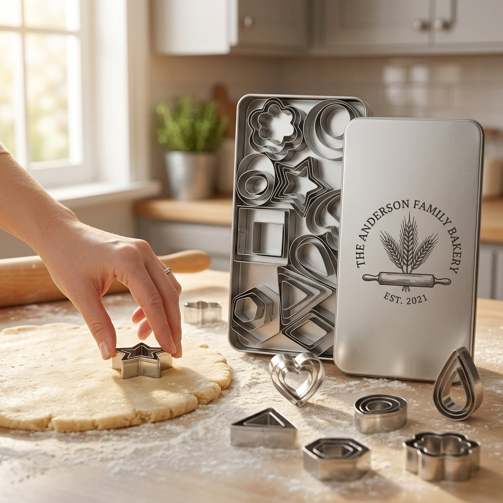 Personalized Mini Cookie Cutter Set Stainless Steel Polymer Clay and Fondant Shapes with Engraved Tin