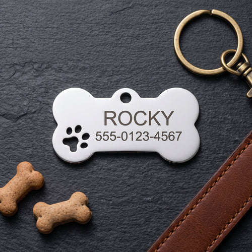 Personalized Dog ID Tag Bone Shaped Stainless Steel Set of 2 Custom Engraved