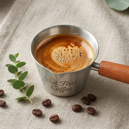 Personalized Espresso Measuring Cup Stainless Steel with Wooden Handle Gift for Coffee Lover Custom Engraved