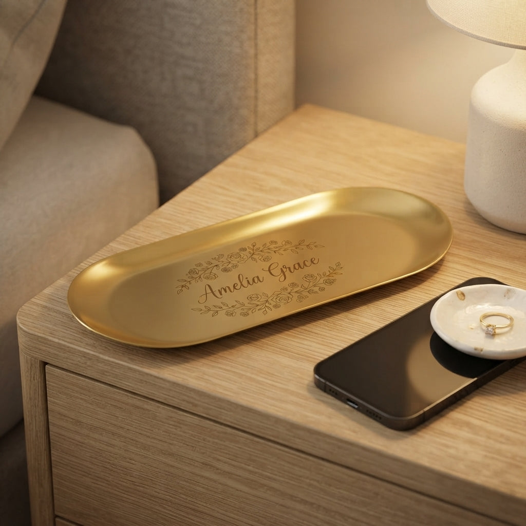 Personalized Jewelry Tray Gold Stainless Steel Oval Vanity Catchall Gift for Her Custom Engraved