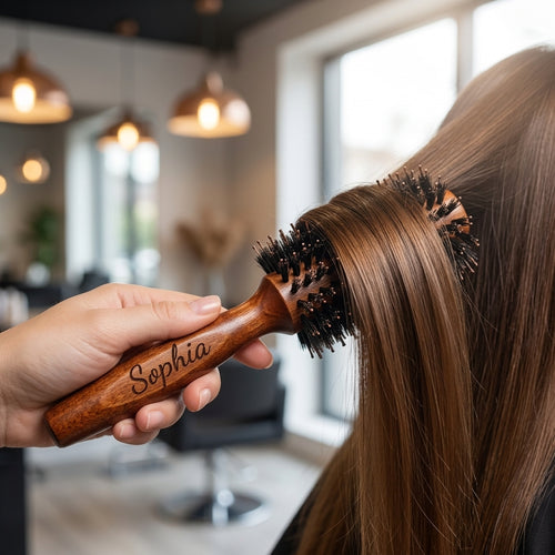 Personalized Round Brush Boar Bristle Wooden Hair Brush for Blow Drying Custom Engraved
