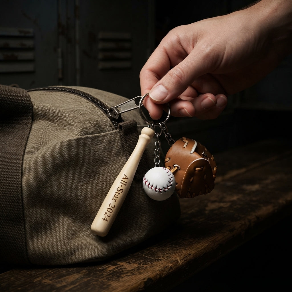 Personalized Baseball Keychain Wooden Bat Glove and Ball Charm Gift for Coach Custom Engraved