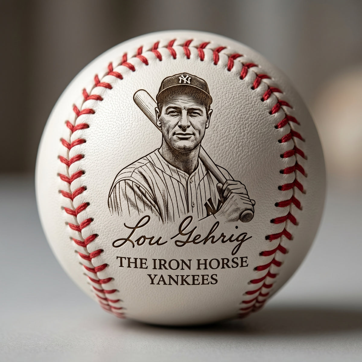 A custom baseball featuring an engraved portrait of Lou Gehrig, the 'Iron Horse' of the New York Yankees, with his name and team text printed below. The baseball has white leather texture, red stitching, and is shown in a close-up studio shot.