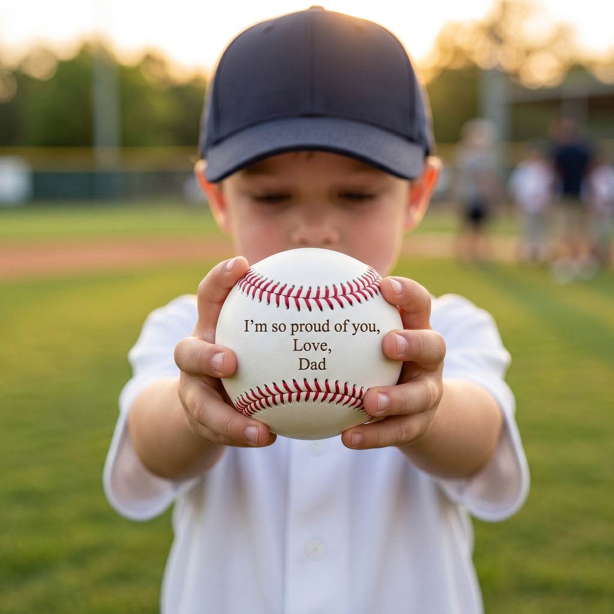 A young boy wearing a navy baseball cap and white shirt stands on a baseball field holding a white baseball with red stitching and printed text that reads 'I'm so proud of you, Love, Dad'.