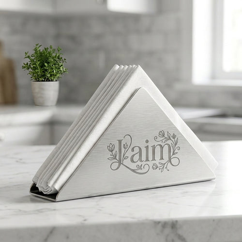 Personalized Napkin Holder Stainless Steel Triangle Design Housewarming Gift Custom Engraved