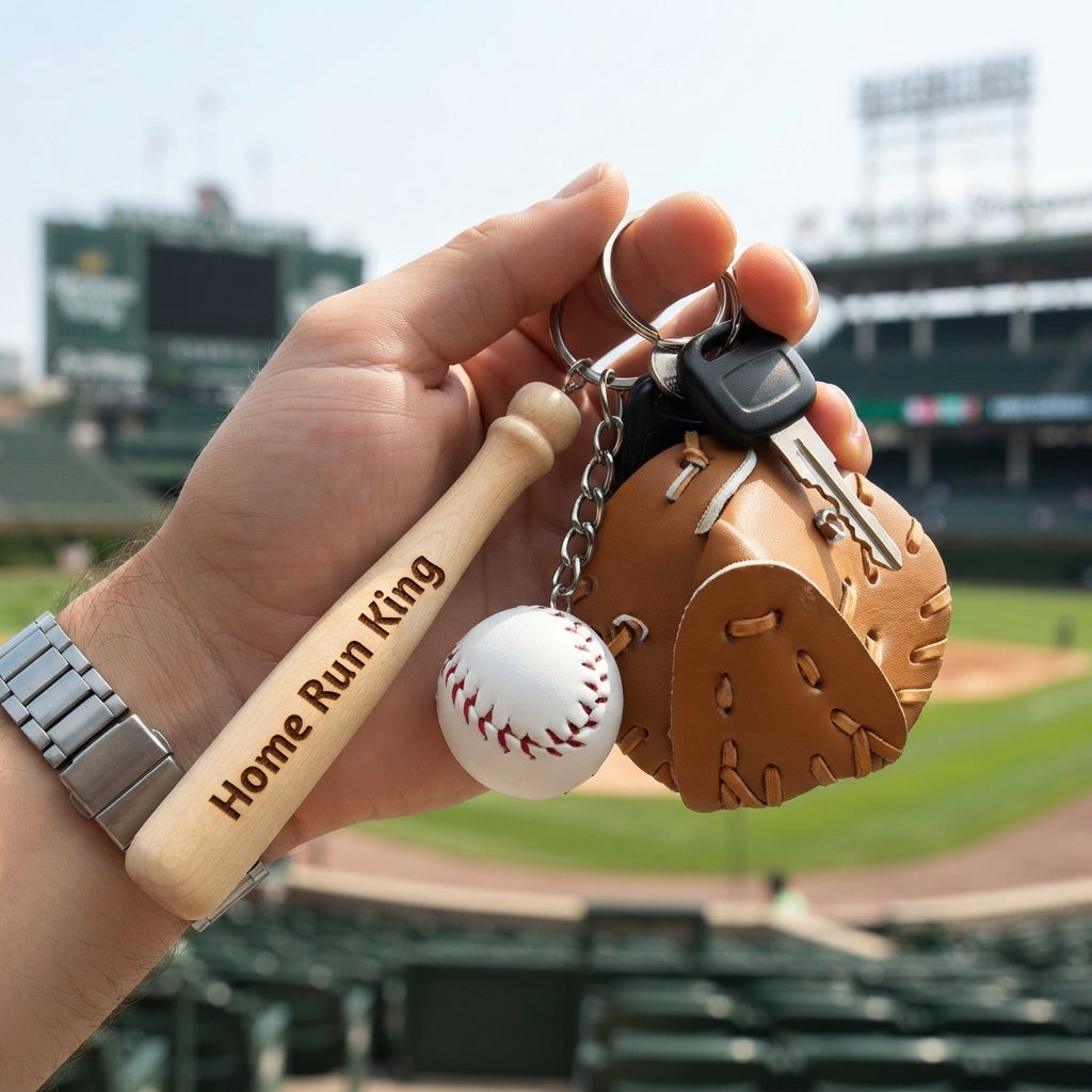 Personalized Baseball Keychain Wooden Bat Glove and Ball Charm Gift for Coach Custom Engraved